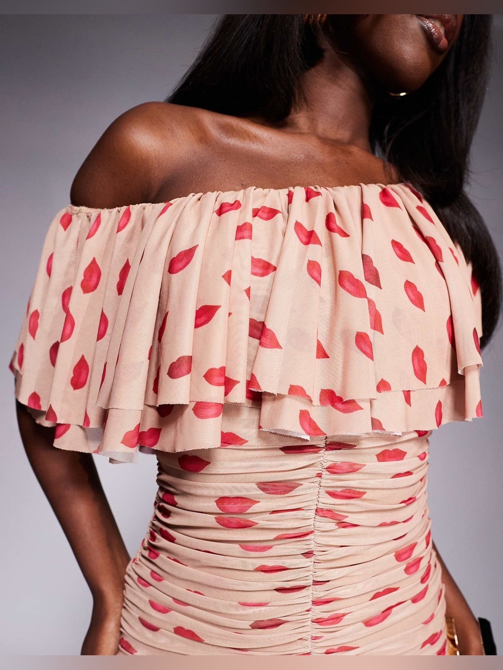 AFRM Vivian ruched mini dress w cute red lips pattern - Picture 4 of 10